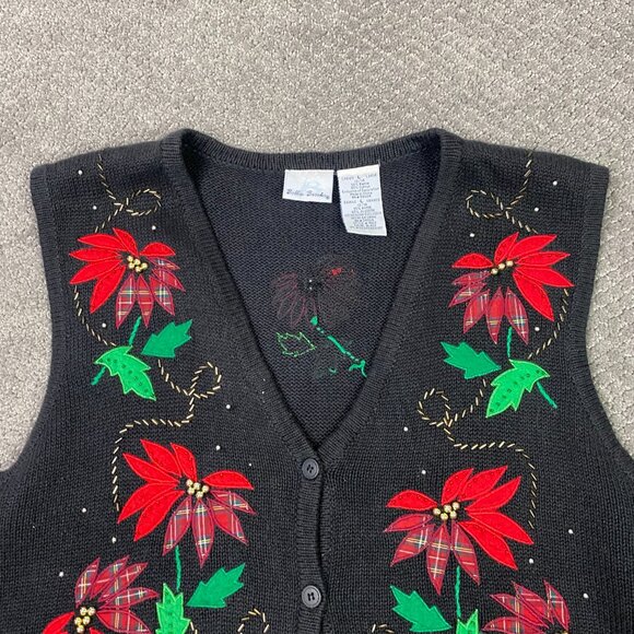 Vintage Bobbie Brooks Ugly Christmas Sweater Vest Women's Large Black Poinsettia - Picture 2 of 8
